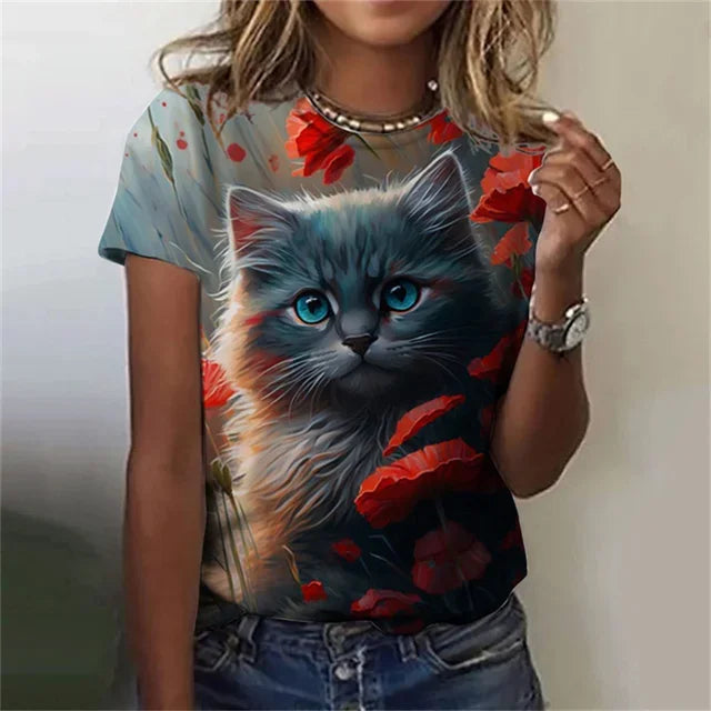 Fashion Women's T-shirt 3D Printed Kawaii Cat Pattern Short Sleeved Round neck Top Summer Outdoor Casual Street Simple Clothing