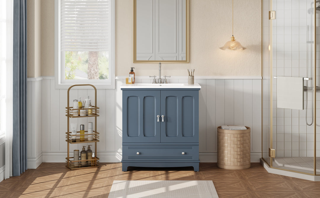 30' Bathroom Vanity with Ceramic Sink, Solid Wood Frame Bathroom Sink