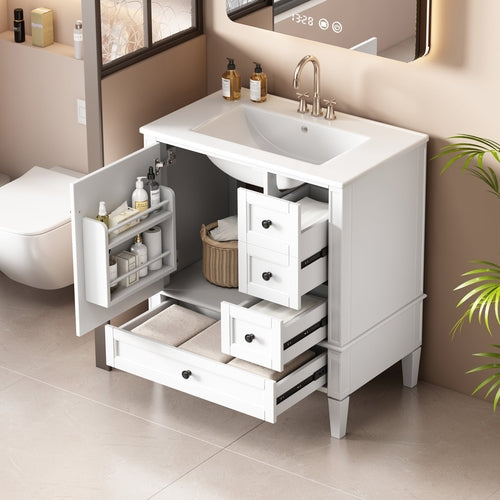 30 Inch Bathroom Vanity with Ceramic Sink, White Bathroom with 3