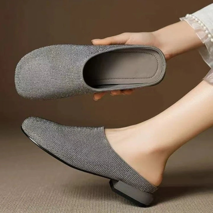 Baotou Slippers Summer New Round Toe Deep Mouth Sequin Soft Sole Non-slip Wear-resistant Fashion Square Heel Shoes