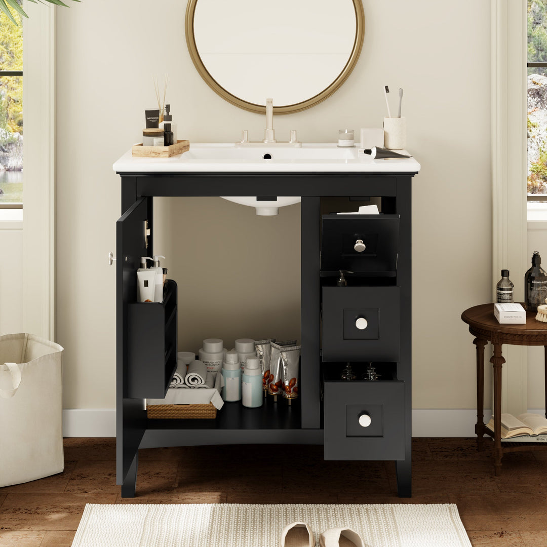 30 Inch Bathroom Vanity with Ceramic Sink, Black Bathroom with 3