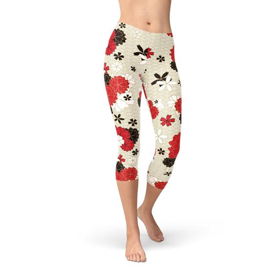 Womens Japanese Cherry Blossom Capri Leggings