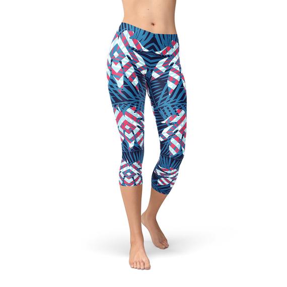 Blue Tropical Leaf Capri Leggings for Women