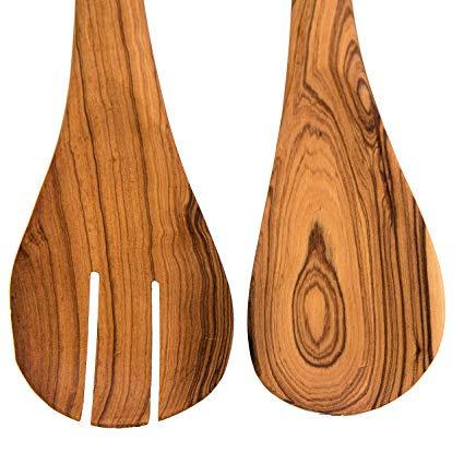 Traditional African salad servers set / Hand curved olive wood Spoon