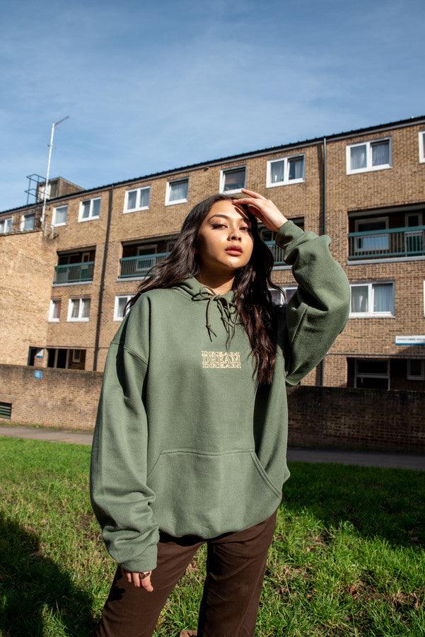 Hoodie In Military Green With Repeat Embroidery