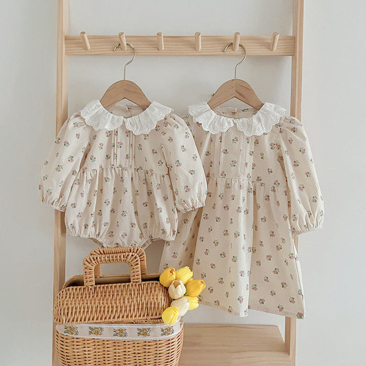 Adorable Baby Doll Collar Onesies And Floral Pattern Girls’ Dress –