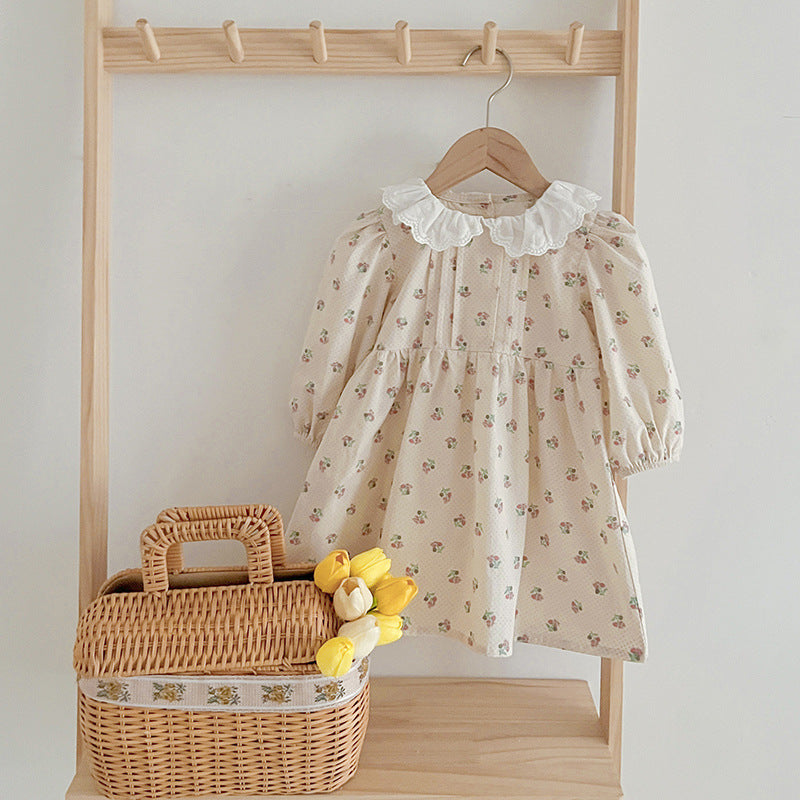 Adorable Baby Doll Collar Onesies And Floral Pattern Girls’ Dress –