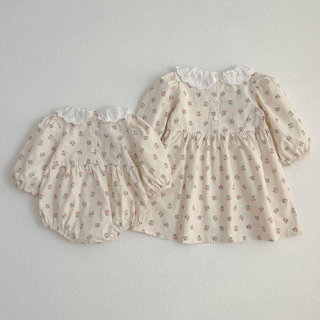 Adorable Baby Doll Collar Onesies And Floral Pattern Girls’ Dress –