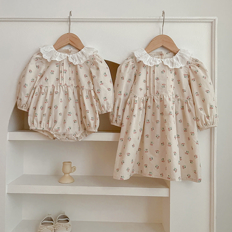 Adorable Baby Doll Collar Onesies And Floral Pattern Girls’ Dress –