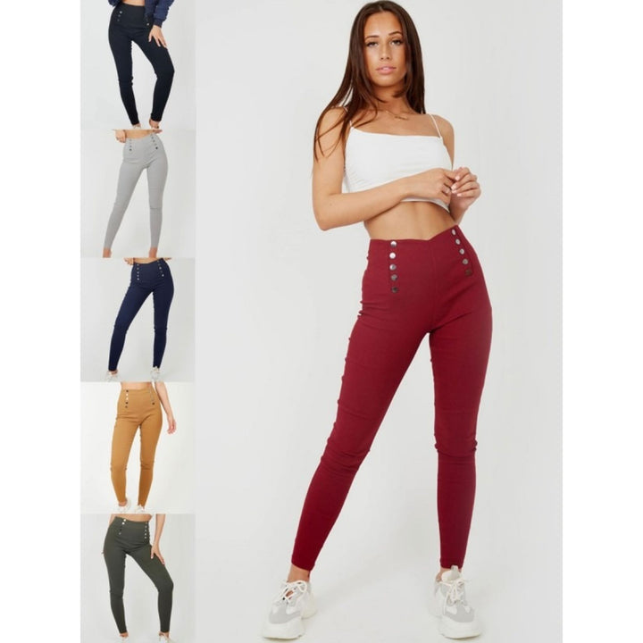 Mock Button High Waisted Jeggings - Black/Navy/Grey/Red/Khaki/Camel