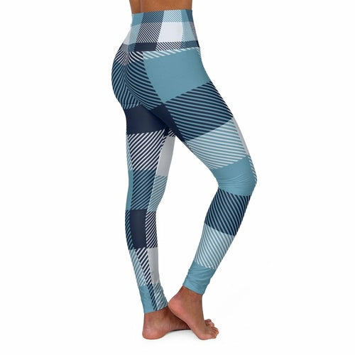 Women's Yoga Pants, Blue And White Plaid Print High Waist Fitness